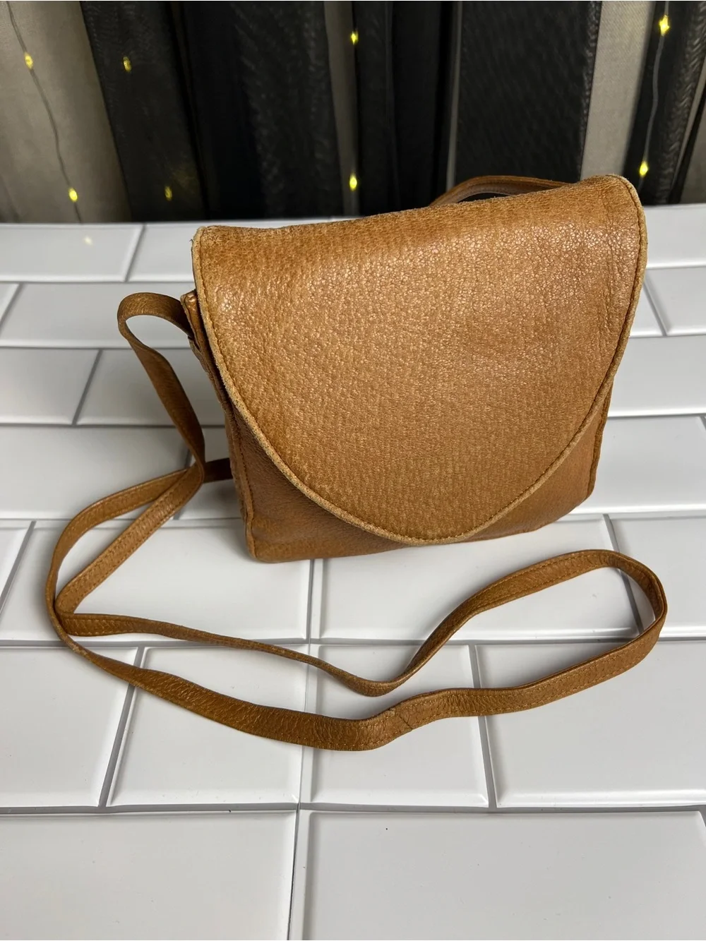 Classic Tan Crossbody Bag with Curved Flap